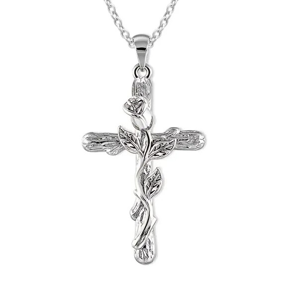 NWT - Cross Pendant with Silver Rose and Silver Toned 20" chain - Picture 1 of 5